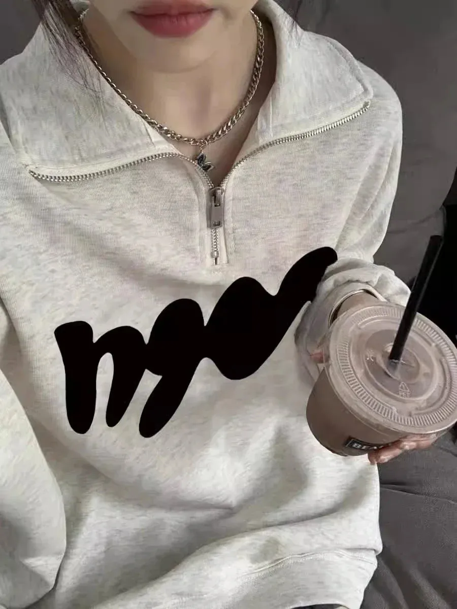 Metaversmall Polo Neck Printing Casual Women's Hoodies Fashion Streetwear Spell Color Chic Pullovers Simple Basic Female Sweatshirts