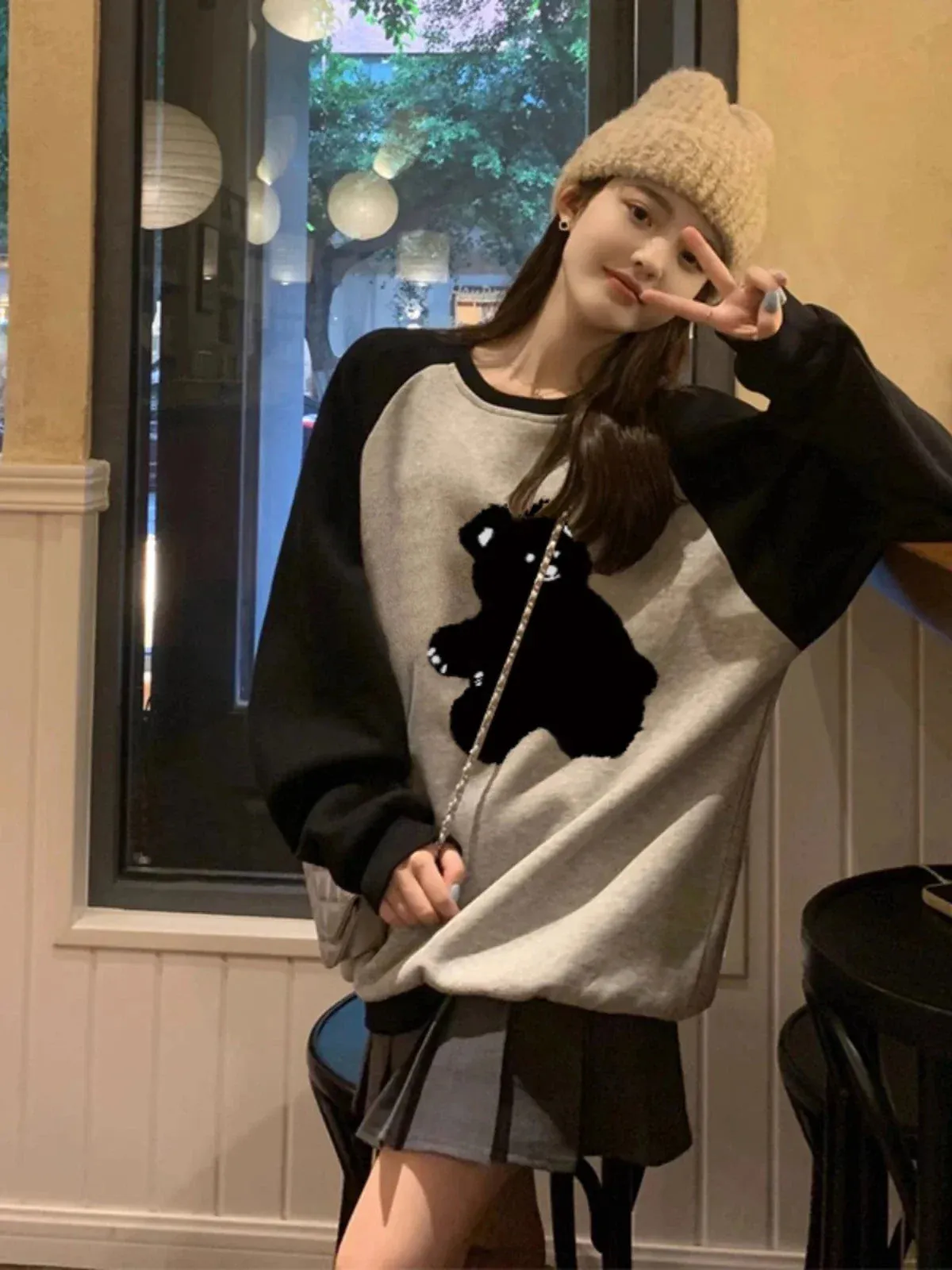 Metaversmall Sweet O-neck Chicly Printing Women Hoodies Black Contrast Color Loose Casual Pullovers Streetwear Fashion Female Hoodies