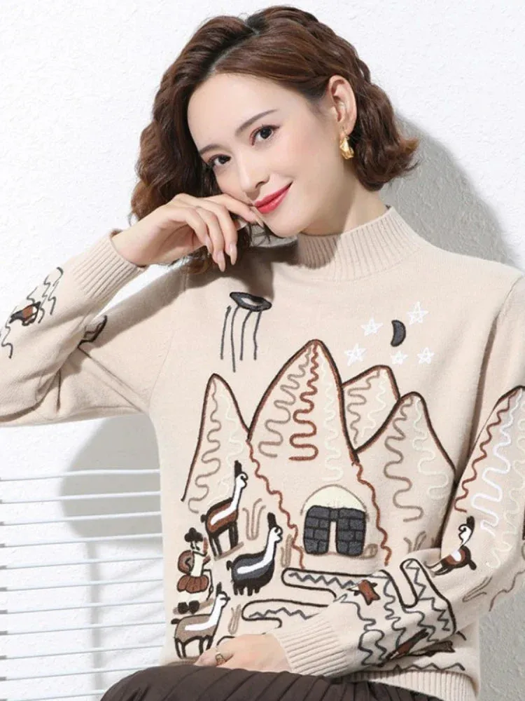 Metaversmall Women Sweater Korean College Style Cartoon Embroidery Winter Knitted Pullovers Loose Long Sleeve O-Neck Jumper Mujer Tops