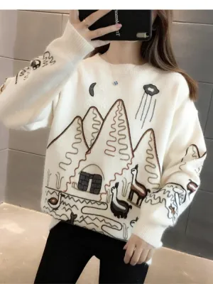 Metaversmall Women Sweater Korean College Style Cartoon Embroidery Winter Knitted Pullovers Loose Long Sleeve O-Neck Jumper Mujer Tops