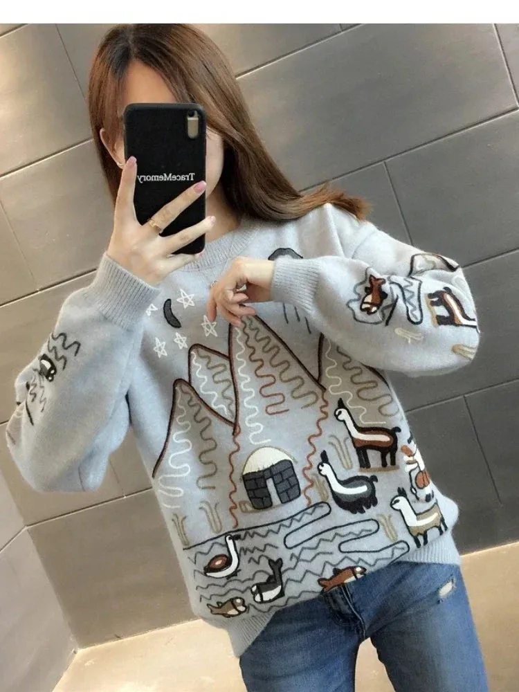 Metaversmall Women Sweater Korean College Style Cartoon Embroidery Winter Knitted Pullovers Loose Long Sleeve O-Neck Jumper Mujer Tops