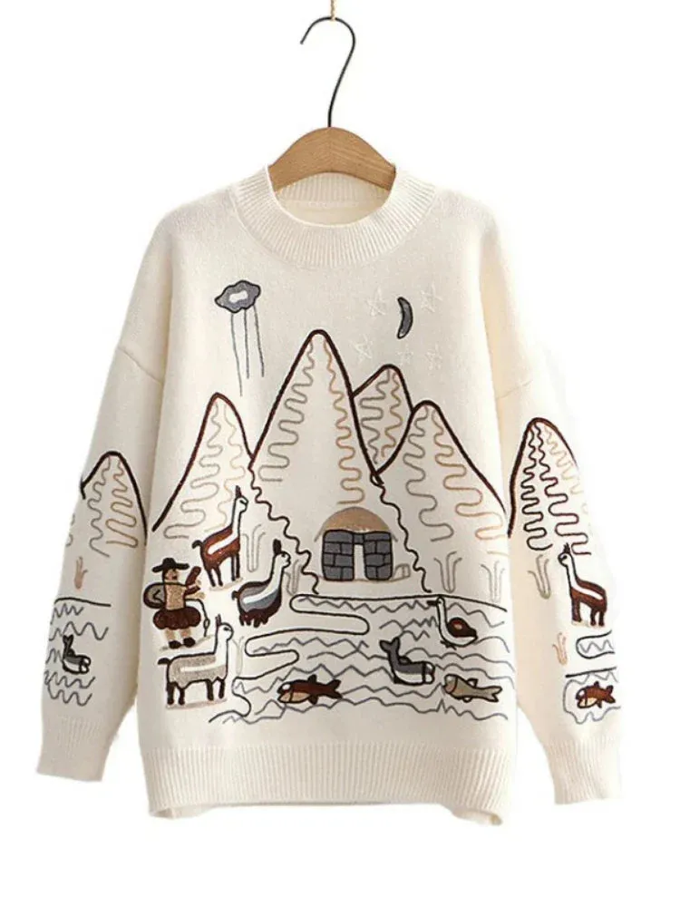 Metaversmall Women Sweater Korean College Style Cartoon Embroidery Winter Knitted Pullovers Loose Long Sleeve O-Neck Jumper Mujer Tops