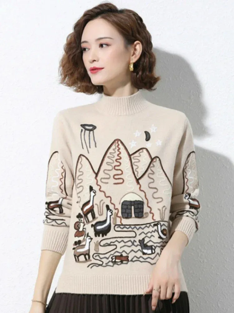 Metaversmall Women Sweater Korean College Style Cartoon Embroidery Winter Knitted Pullovers Loose Long Sleeve O-Neck Jumper Mujer Tops