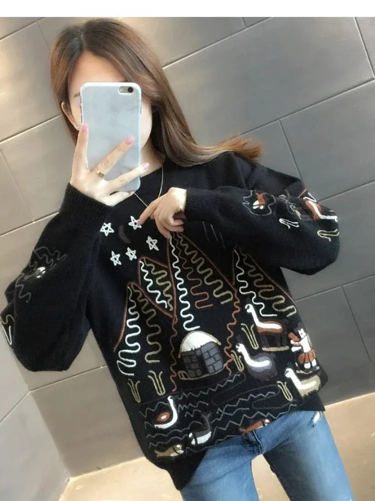 Metaversmall Women Sweater Korean College Style Cartoon Embroidery Winter Knitted Pullovers Loose Long Sleeve O-Neck Jumper Mujer Tops