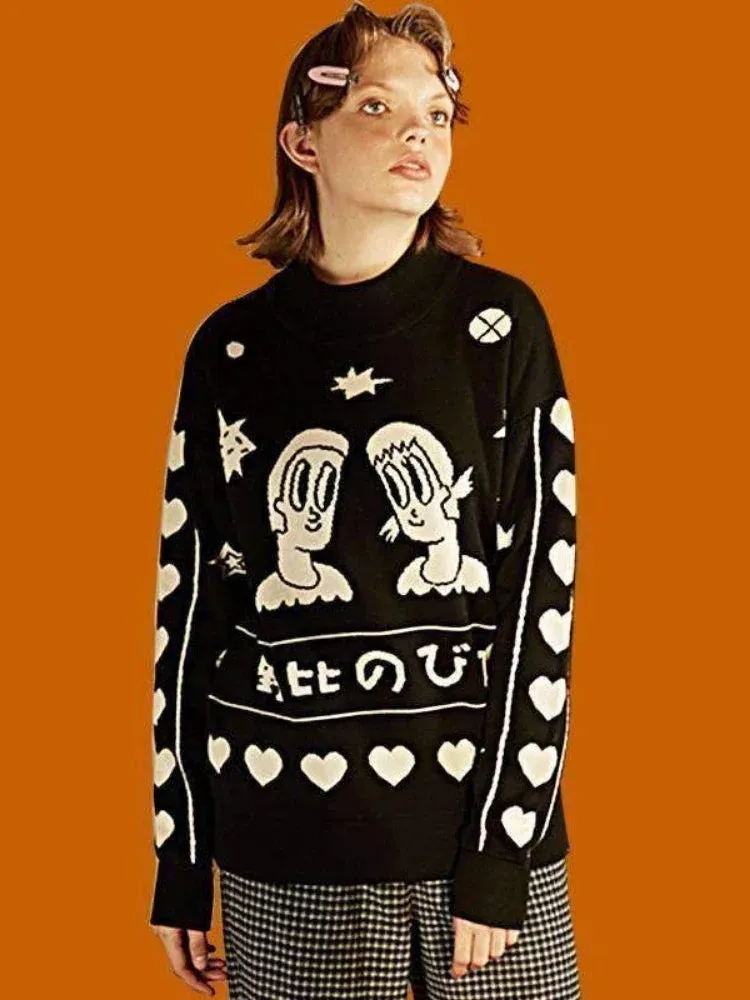 Metaversmall Women's Cartoon Embroidery Knitted Sweaters And Pullovers Winter Thick Girls Knit Jumpe Harajuku Sweater Jacquard