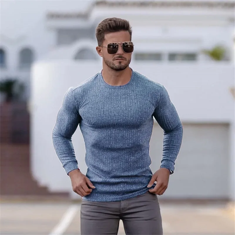 Muscleguys Autumn Fashion Thin Sweaters Men Long Sleeve Pullovers Man O-Neck Solid Slim Fit Sweaters Knitting Tops pull homme