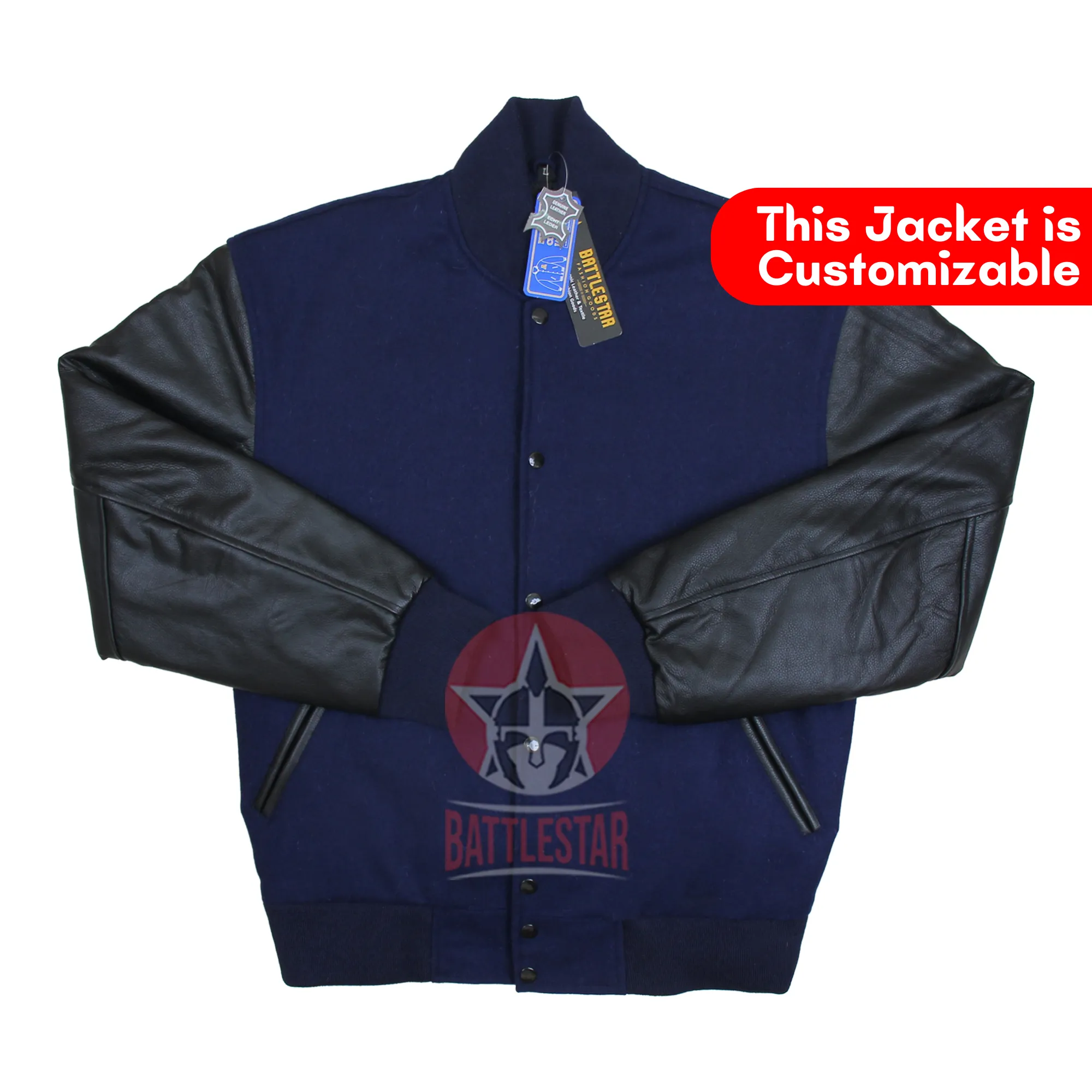 Navy Blue Wool Black Leather Sleeves Retro Varsity Jacket