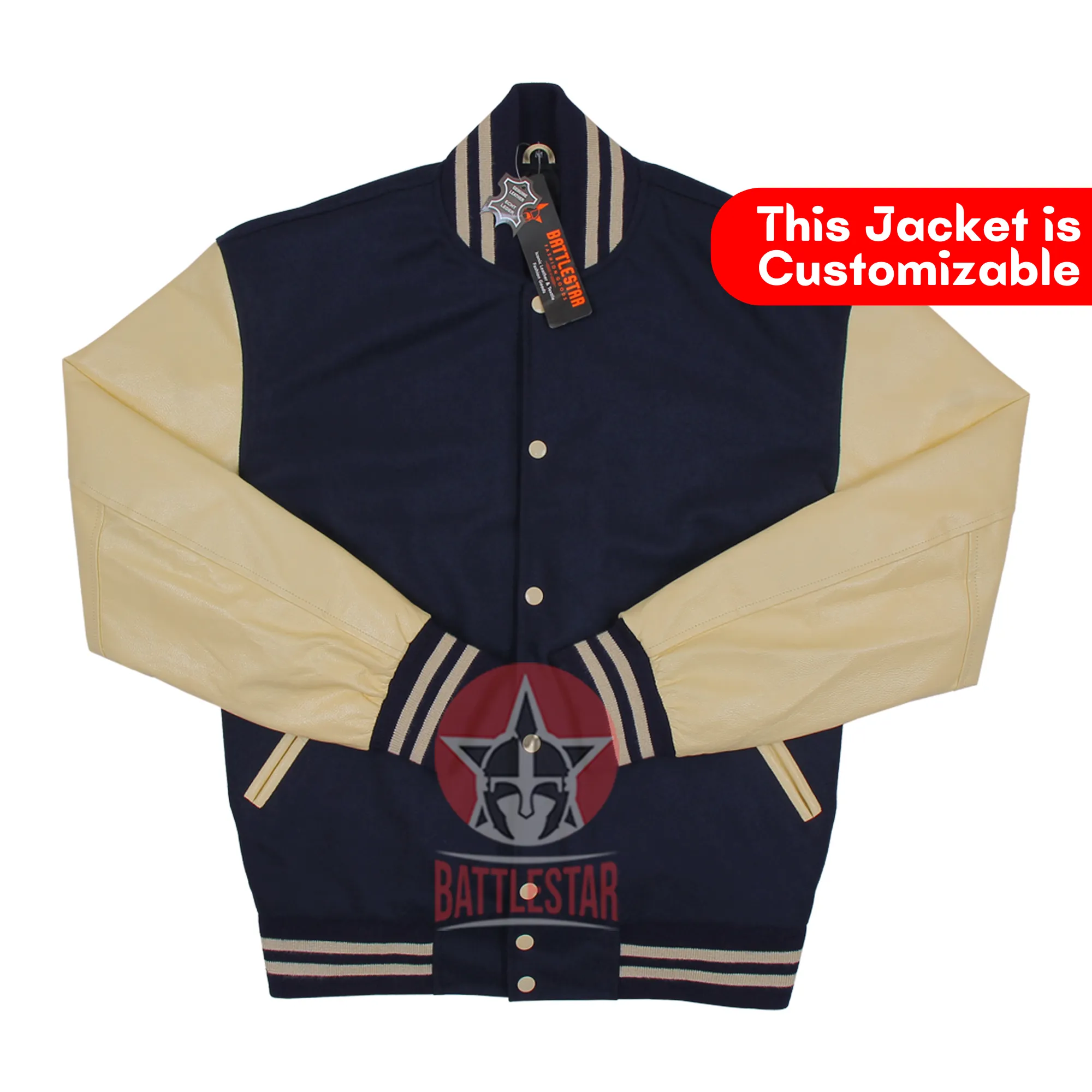 Navy Blue Wool Cream Leather Sleeves Varsity Jacket