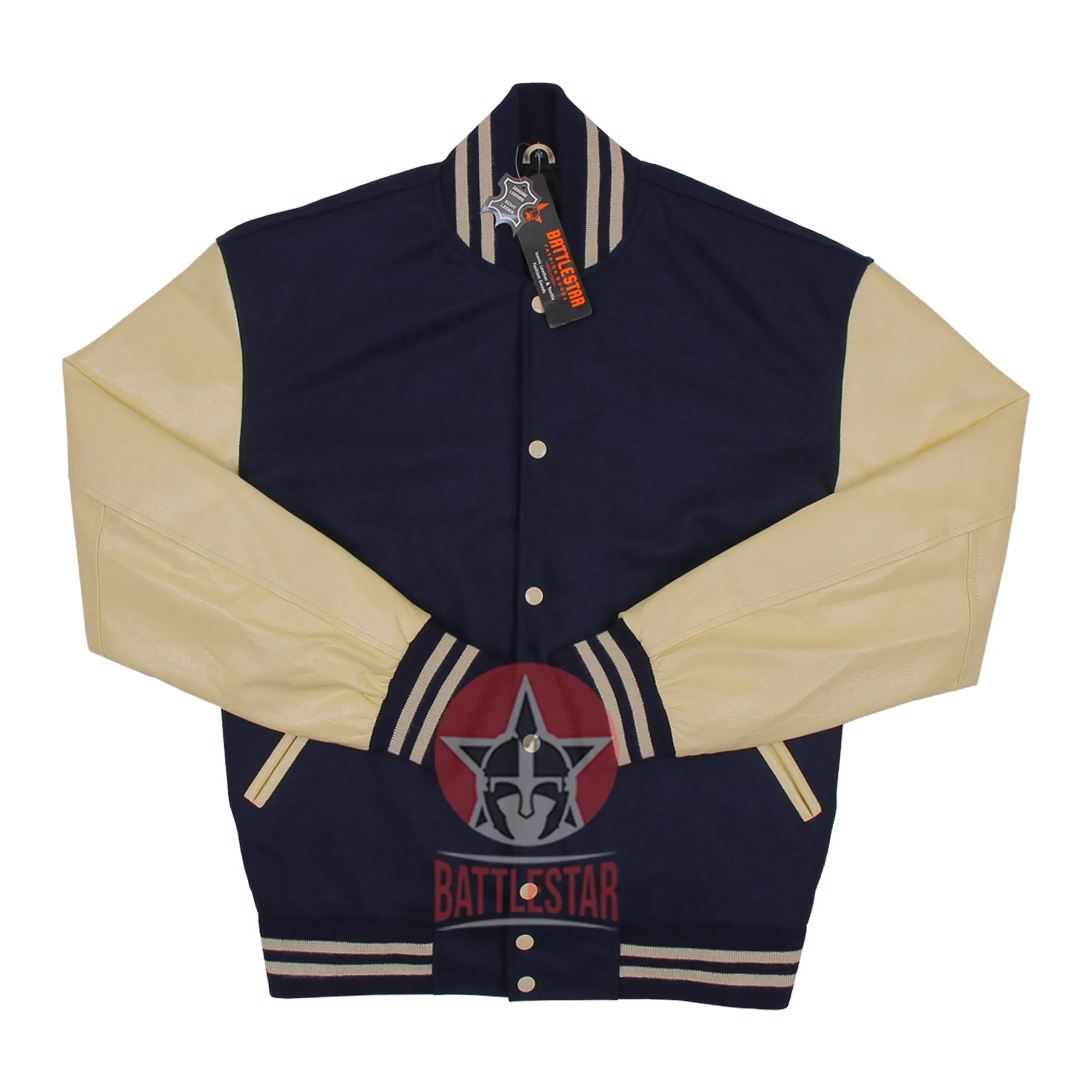 Navy Blue Wool Cream Leather Sleeves Varsity Jacket