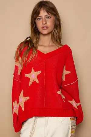 Red Long Sleeve Star Patch Sweater