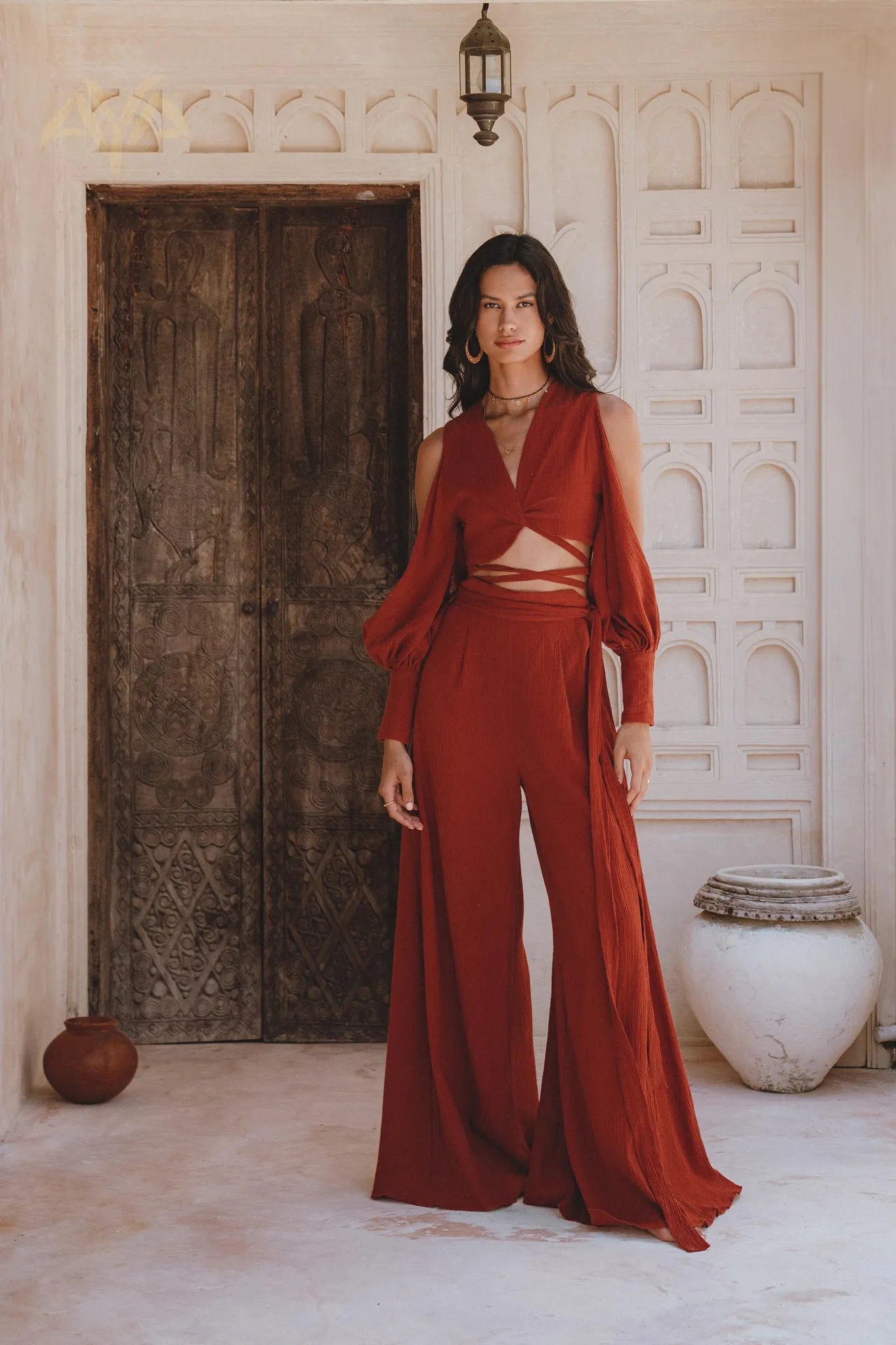 Red Rose Ambrosia Set • Adjustable Crop Top and Pants • One Set Organic Boho Top & Trousers