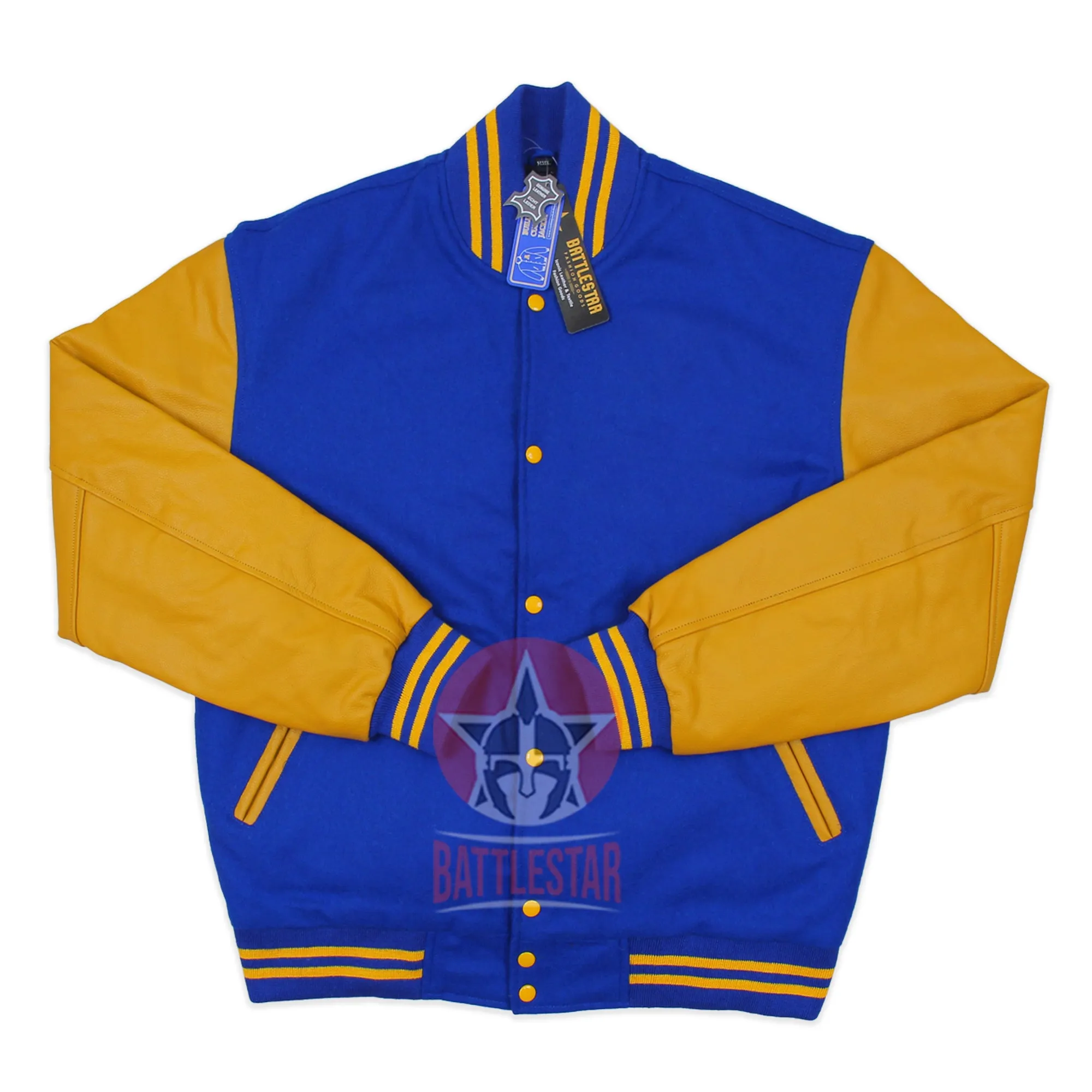 Royal Blue Wool Varsity Jacket Gold Yellow Leather Sleeves