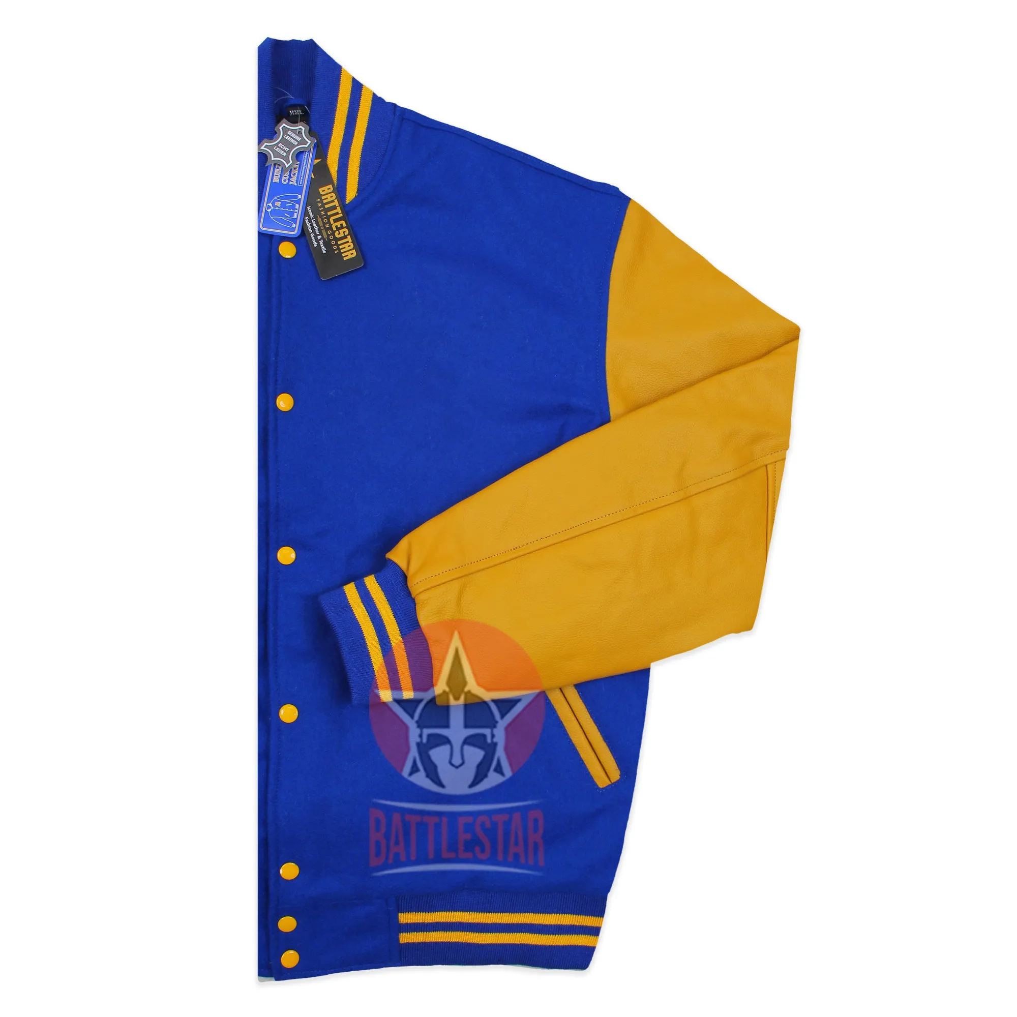 Royal Blue Wool Varsity Jacket Gold Yellow Leather Sleeves