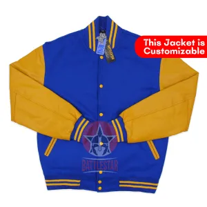 Royal Blue Wool Varsity Jacket Gold Yellow Leather Sleeves