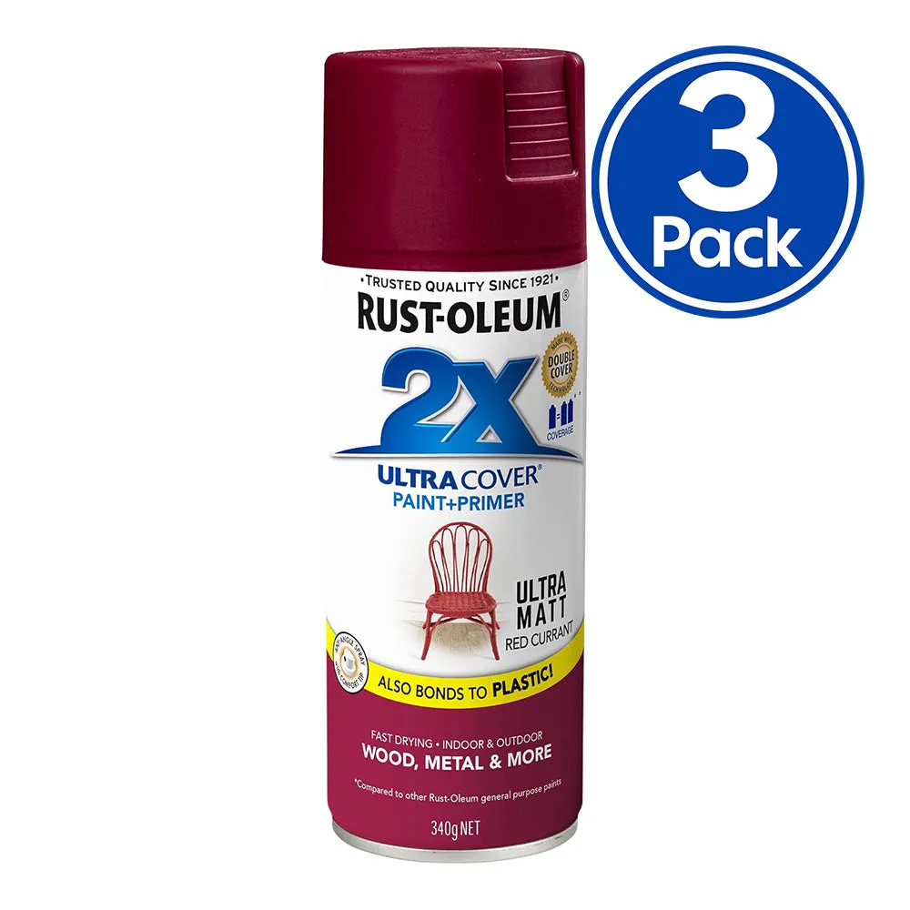 RUST-OLEUM 2X Ultra Cover Matt Paint & Primer Spray Paint 340g Red Currant x 3 Pack