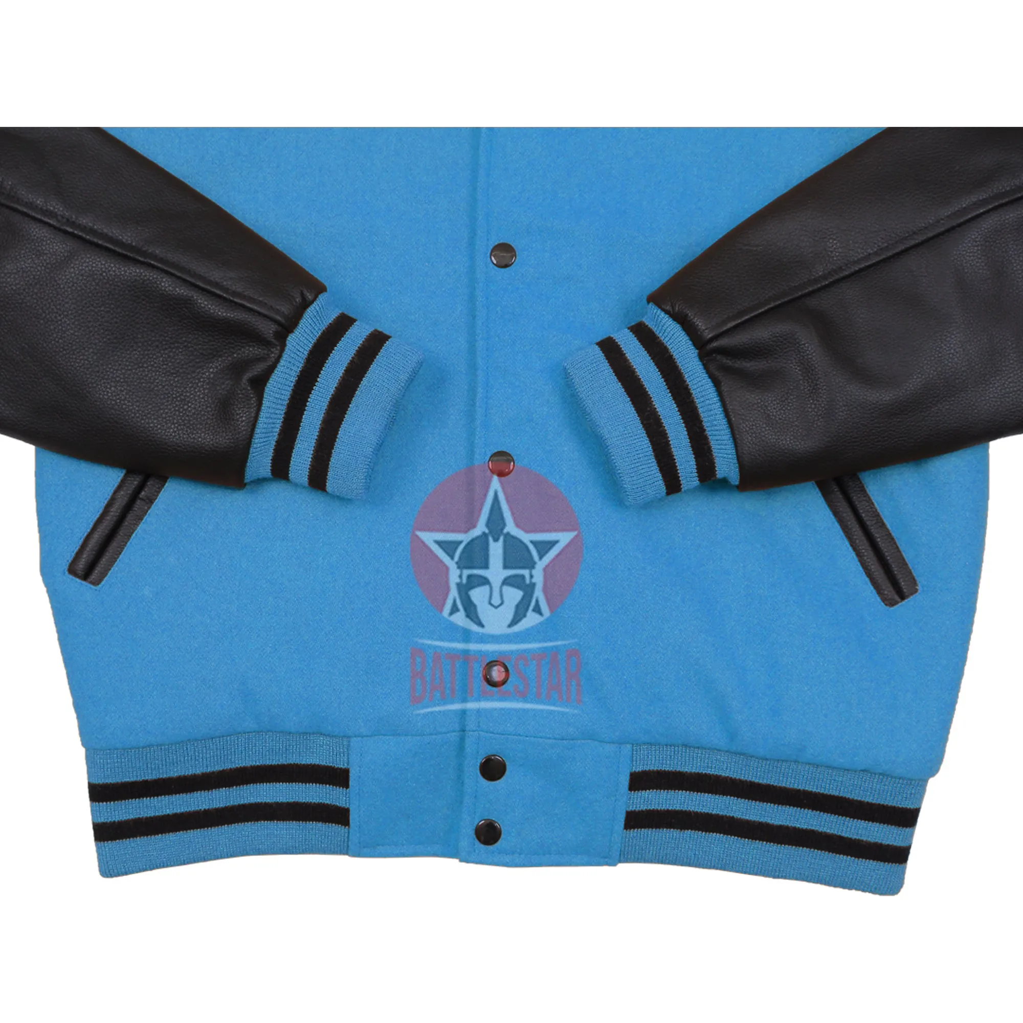 Sky Blue Wool Black Leather Hooded Baseball Letterman Varsity Jacket