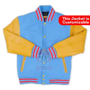 Sky Blue Wool Gold Yellow Leather Sleeves Varsity Jacket