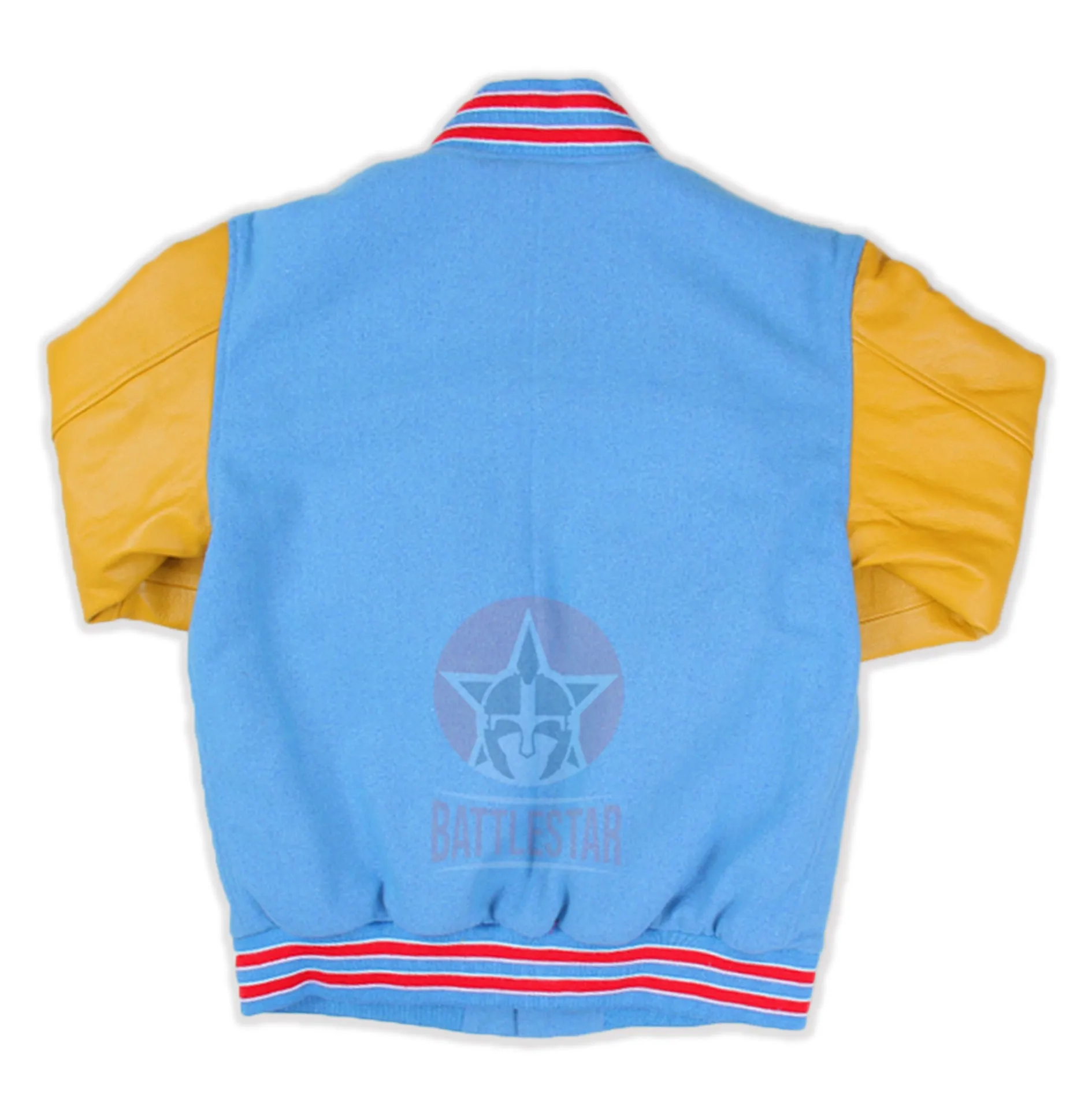 Sky Blue Wool Gold Yellow Leather Sleeves Varsity Jacket