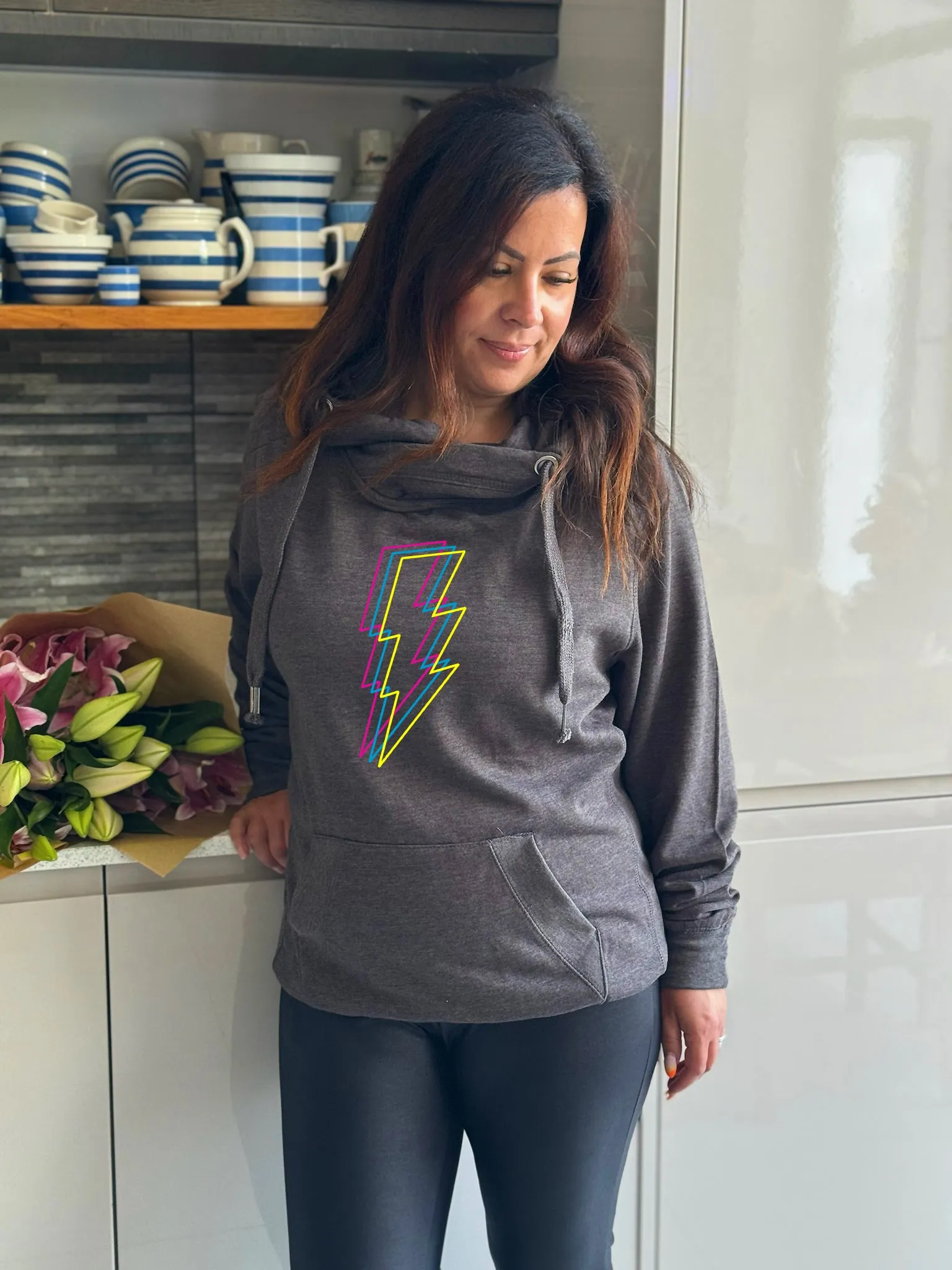 Vibrant Bold Lightning Bolt Trio Luxe Hoodie - Charcoal