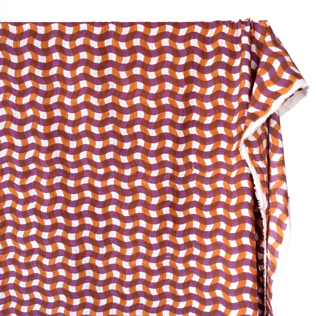 Wavy Gingham Block Printed Organic Cotton Poplin - Burnt Orange/Berry/White