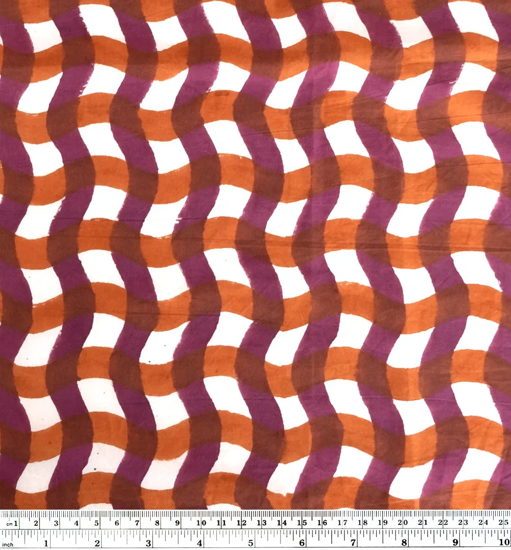 Wavy Gingham Block Printed Organic Cotton Poplin - Burnt Orange/Berry/White