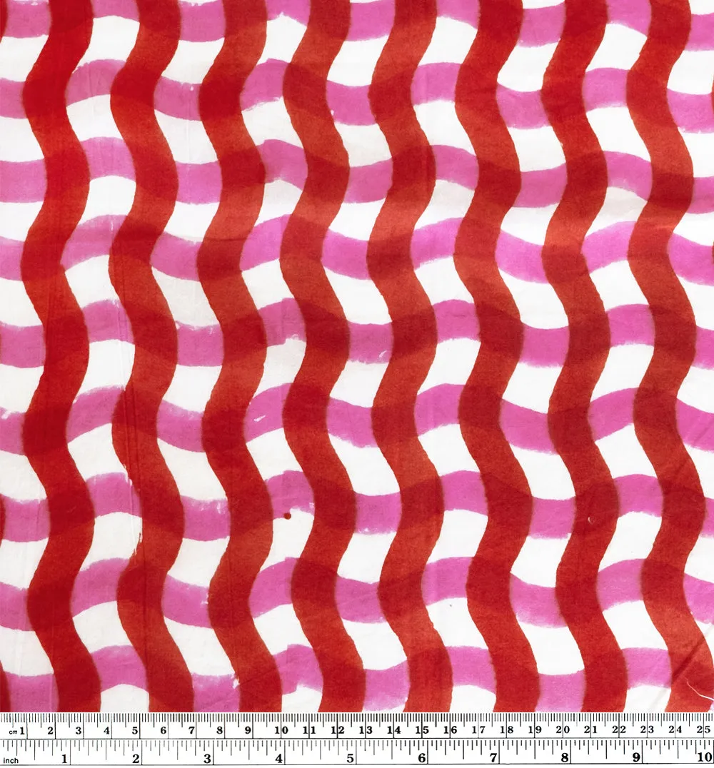 Wavy Gingham Block Printed Organic Cotton Poplin - Crimson/Pink/White