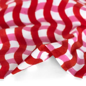 Wavy Gingham Block Printed Organic Cotton Poplin - Crimson/Pink/White