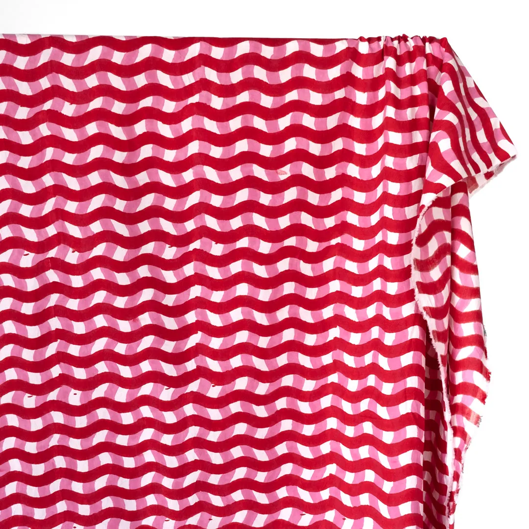 Wavy Gingham Block Printed Organic Cotton Poplin - Crimson/Pink/White