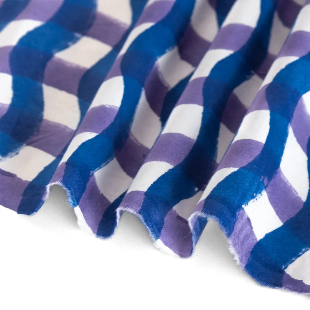 Wavy Gingham Block Printed Organic Cotton Poplin - Royal Blue/Storm Purple/White