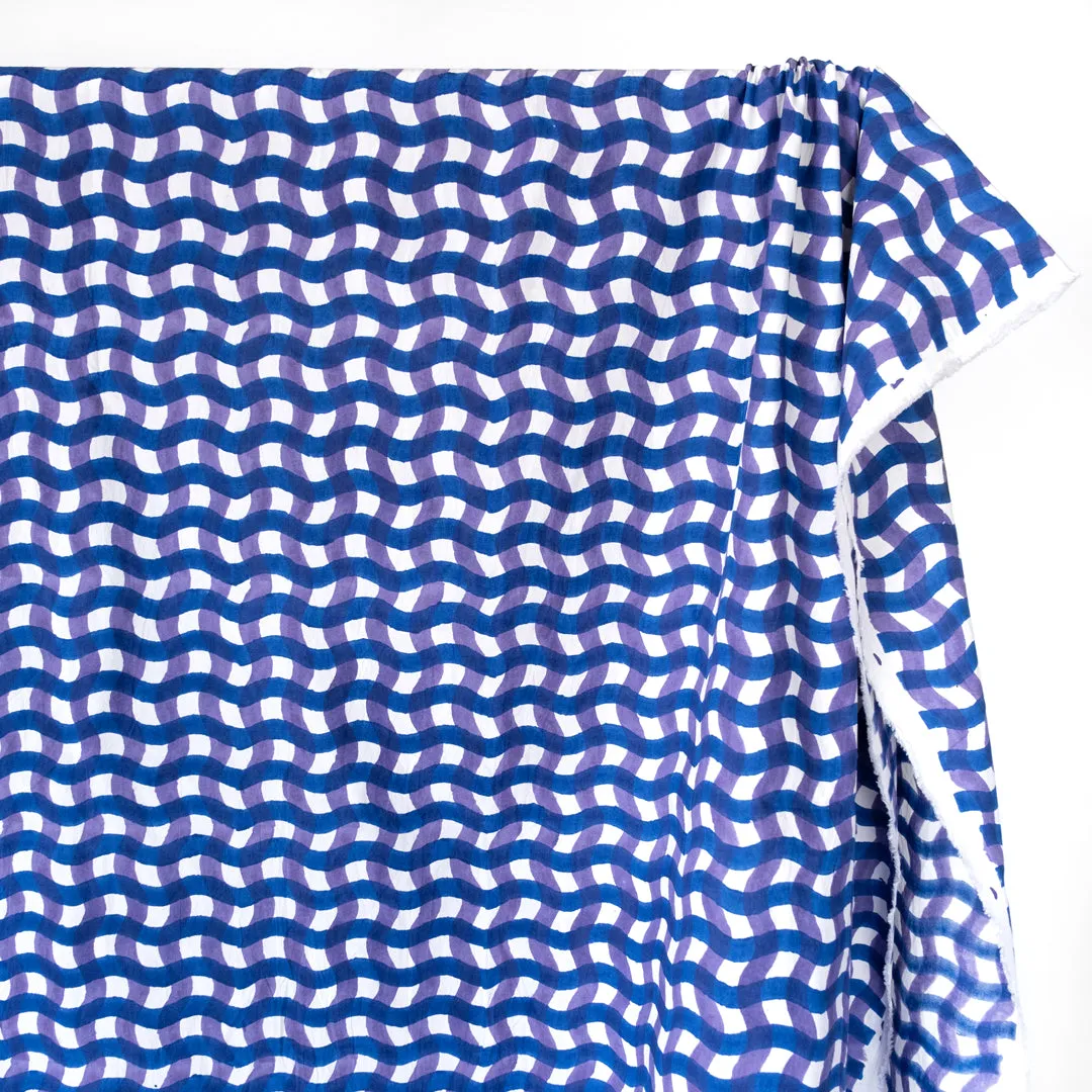 Wavy Gingham Block Printed Organic Cotton Poplin - Royal Blue/Storm Purple/White