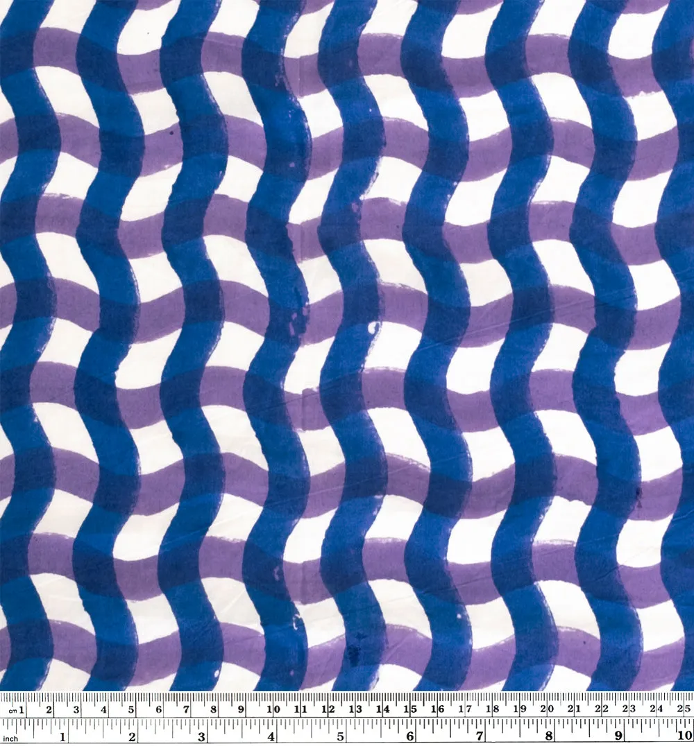 Wavy Gingham Block Printed Organic Cotton Poplin - Royal Blue/Storm Purple/White