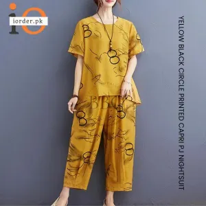 Yellow Black Circle Printed Capri PJ Nightsuit