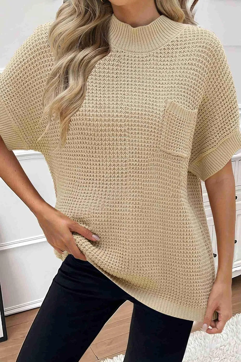 Zeagoo Women 2024 Sweater Vest Mock Neck Batwing Short Sleeve Oversized Ribbed Knit Tops Fall Pullover Sweater S-XXL