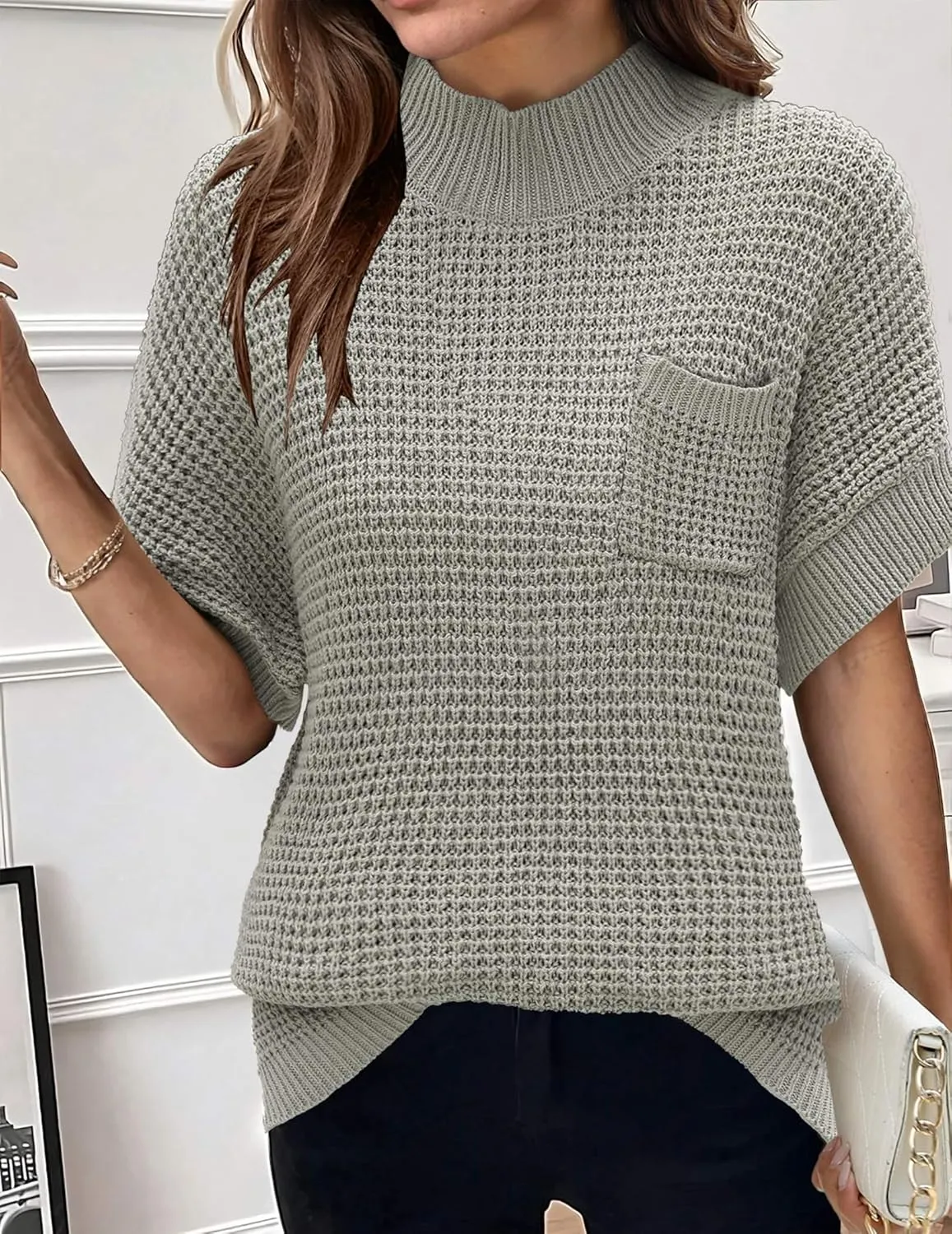 Zeagoo Women 2024 Sweater Vest Mock Neck Batwing Short Sleeve Oversized Ribbed Knit Tops Fall Pullover Sweater S-XXL