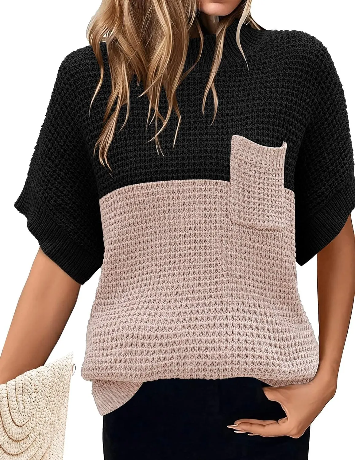 Zeagoo Women 2024 Sweater Vest Mock Neck Batwing Short Sleeve Oversized Ribbed Knit Tops Fall Pullover Sweater S-XXL