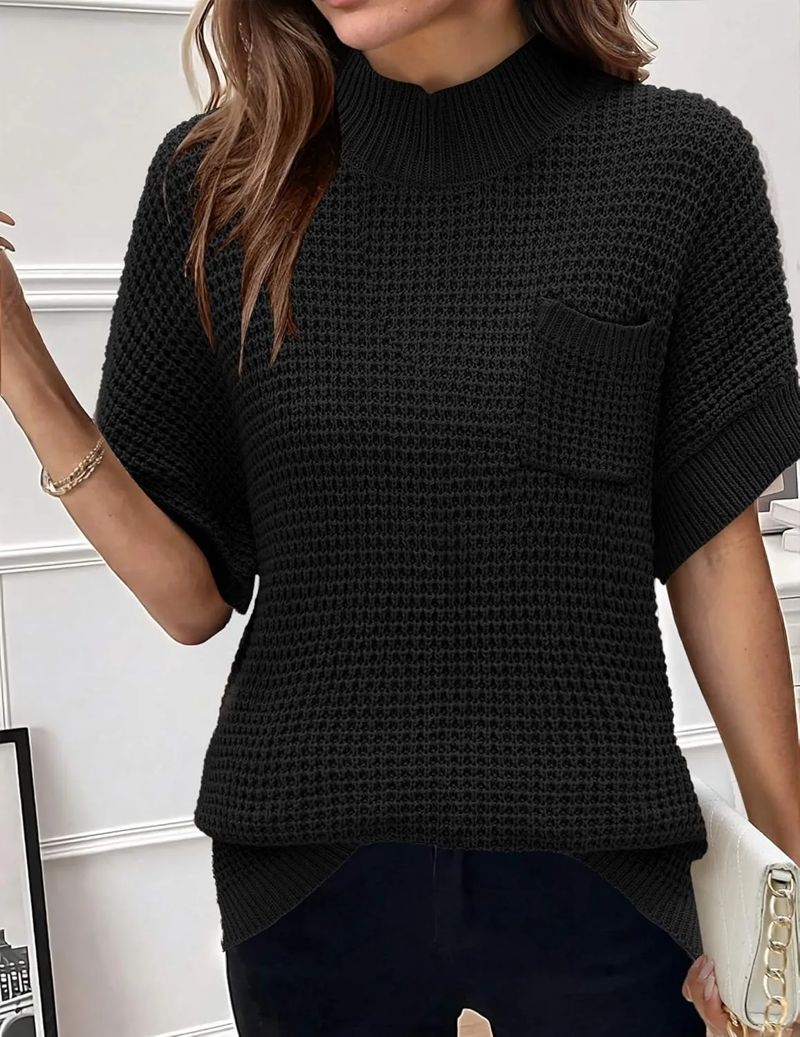 Zeagoo Women 2024 Sweater Vest Mock Neck Batwing Short Sleeve Oversized Ribbed Knit Tops Fall Pullover Sweater S-XXL