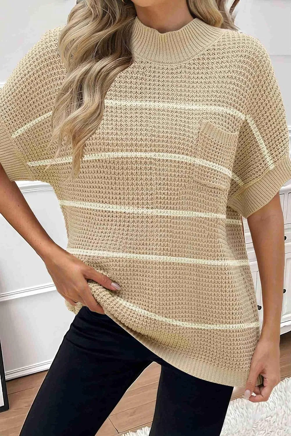 Zeagoo Women 2024 Sweater Vest Mock Neck Batwing Short Sleeve Oversized Ribbed Knit Tops Fall Pullover Sweater S-XXL