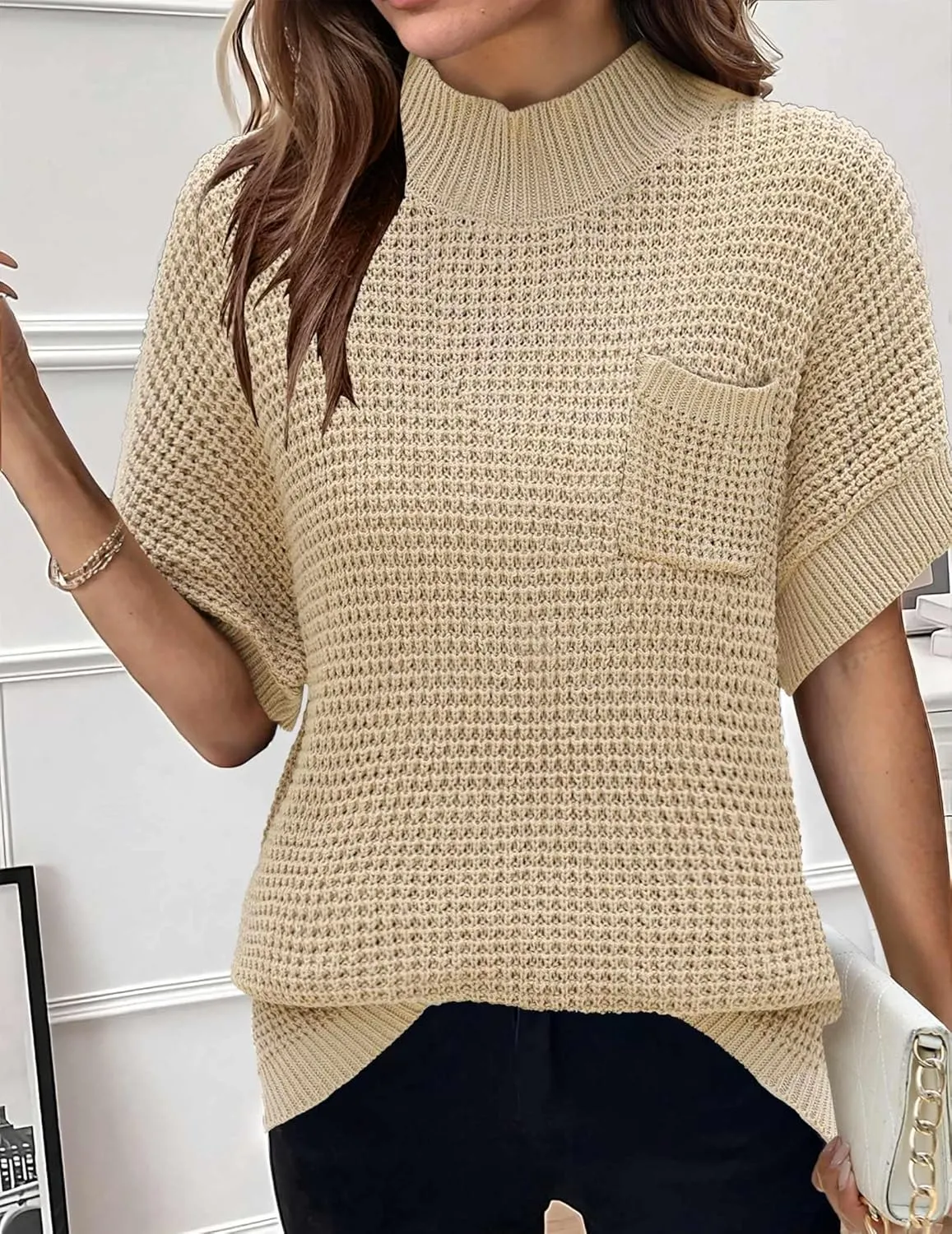 Zeagoo Women 2024 Sweater Vest Mock Neck Batwing Short Sleeve Oversized Ribbed Knit Tops Fall Pullover Sweater S-XXL