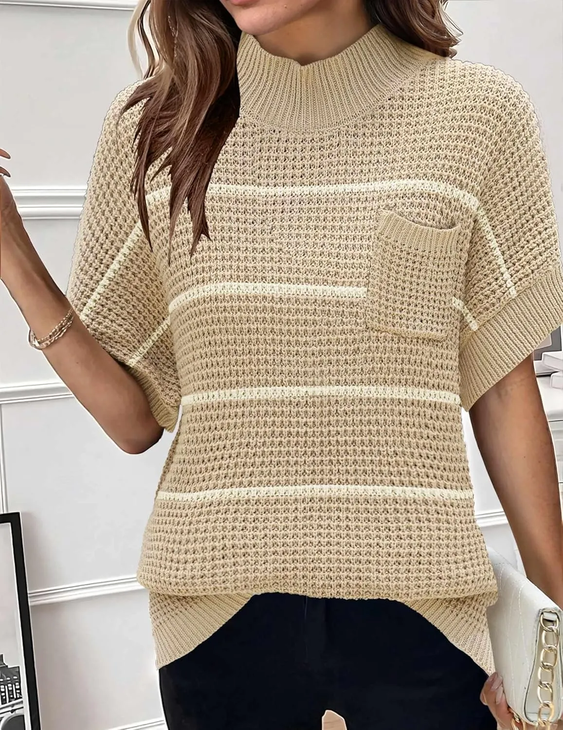 Zeagoo Women 2024 Sweater Vest Mock Neck Batwing Short Sleeve Oversized Ribbed Knit Tops Fall Pullover Sweater S-XXL