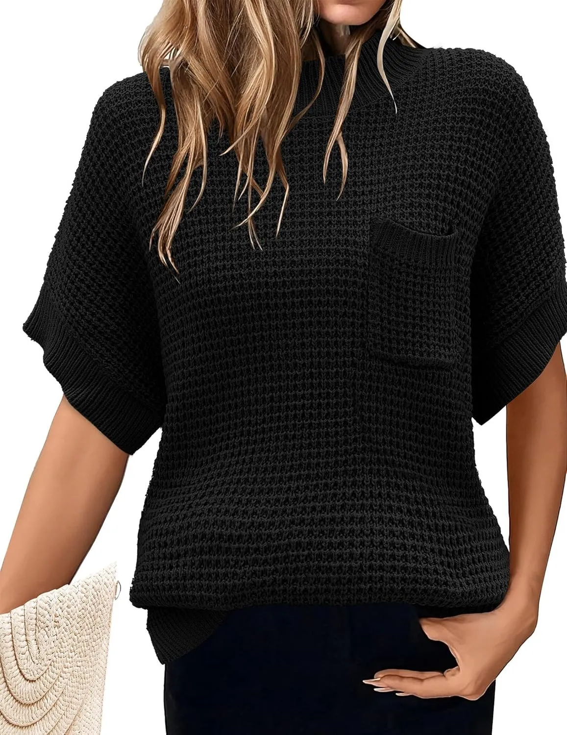 Zeagoo Women 2024 Sweater Vest Mock Neck Batwing Short Sleeve Oversized Ribbed Knit Tops Fall Pullover Sweater S-XXL