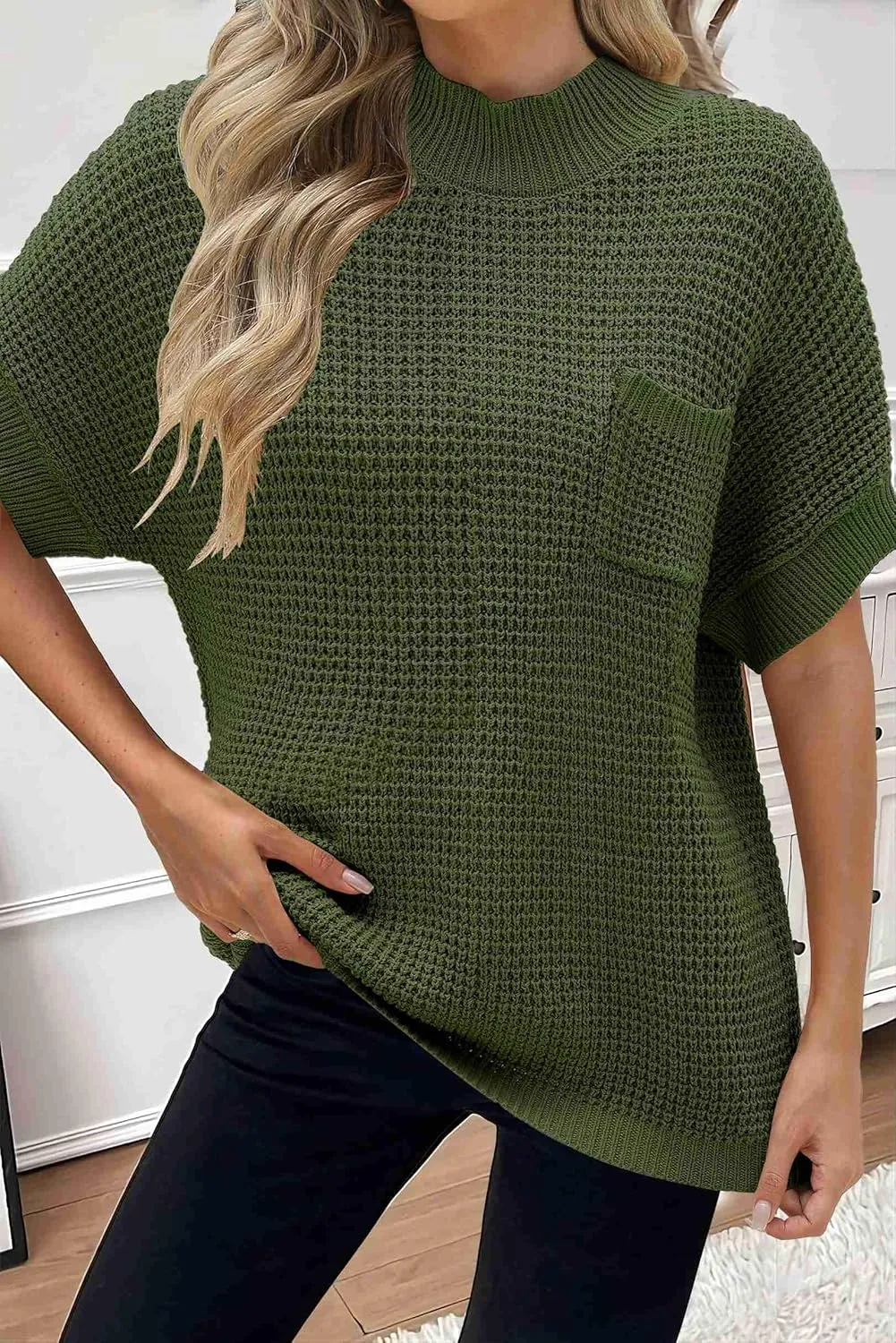 Zeagoo Women 2024 Sweater Vest Mock Neck Batwing Short Sleeve Oversized Ribbed Knit Tops Fall Pullover Sweater S-XXL