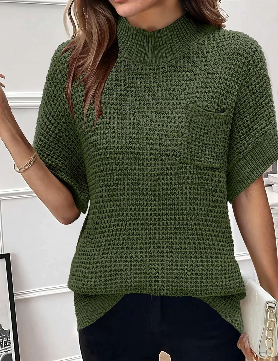 Zeagoo Women 2024 Sweater Vest Mock Neck Batwing Short Sleeve Oversized Ribbed Knit Tops Fall Pullover Sweater S-XXL