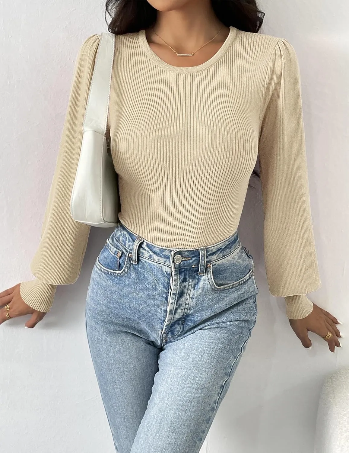 Zeagoo Women Long Puff Sleeve Sweater Slim Fit Ribbed Knit Bodysuit