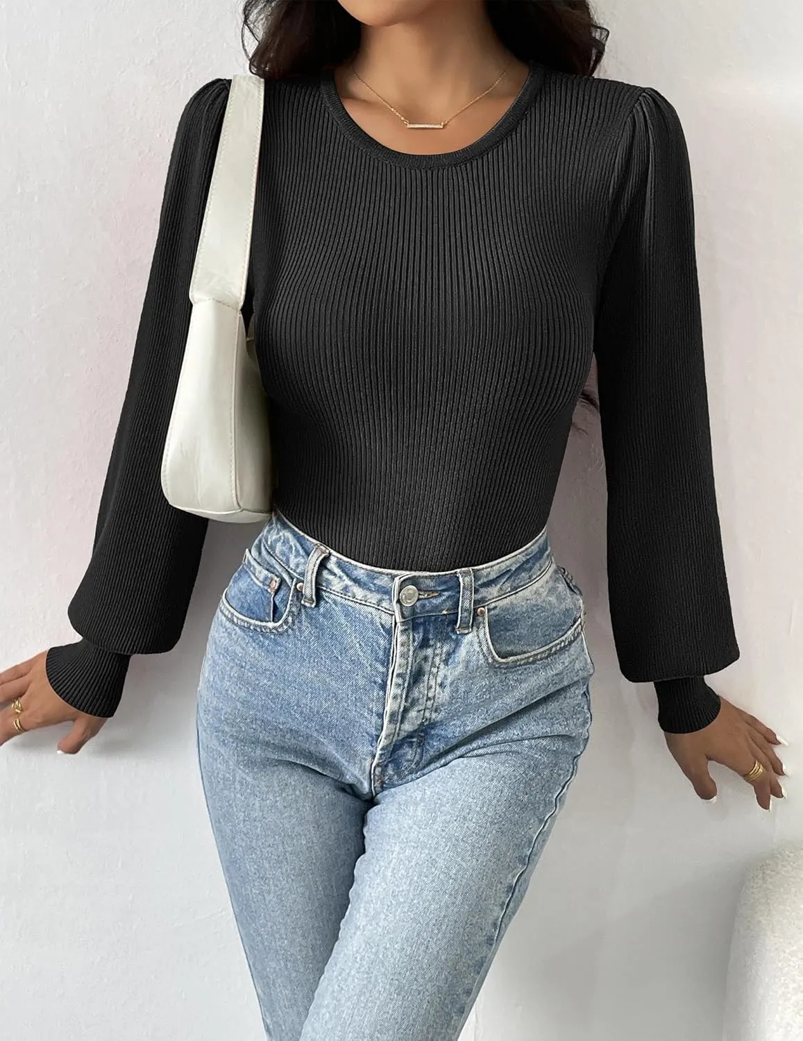 Zeagoo Women Long Puff Sleeve Sweater Slim Fit Ribbed Knit Bodysuit