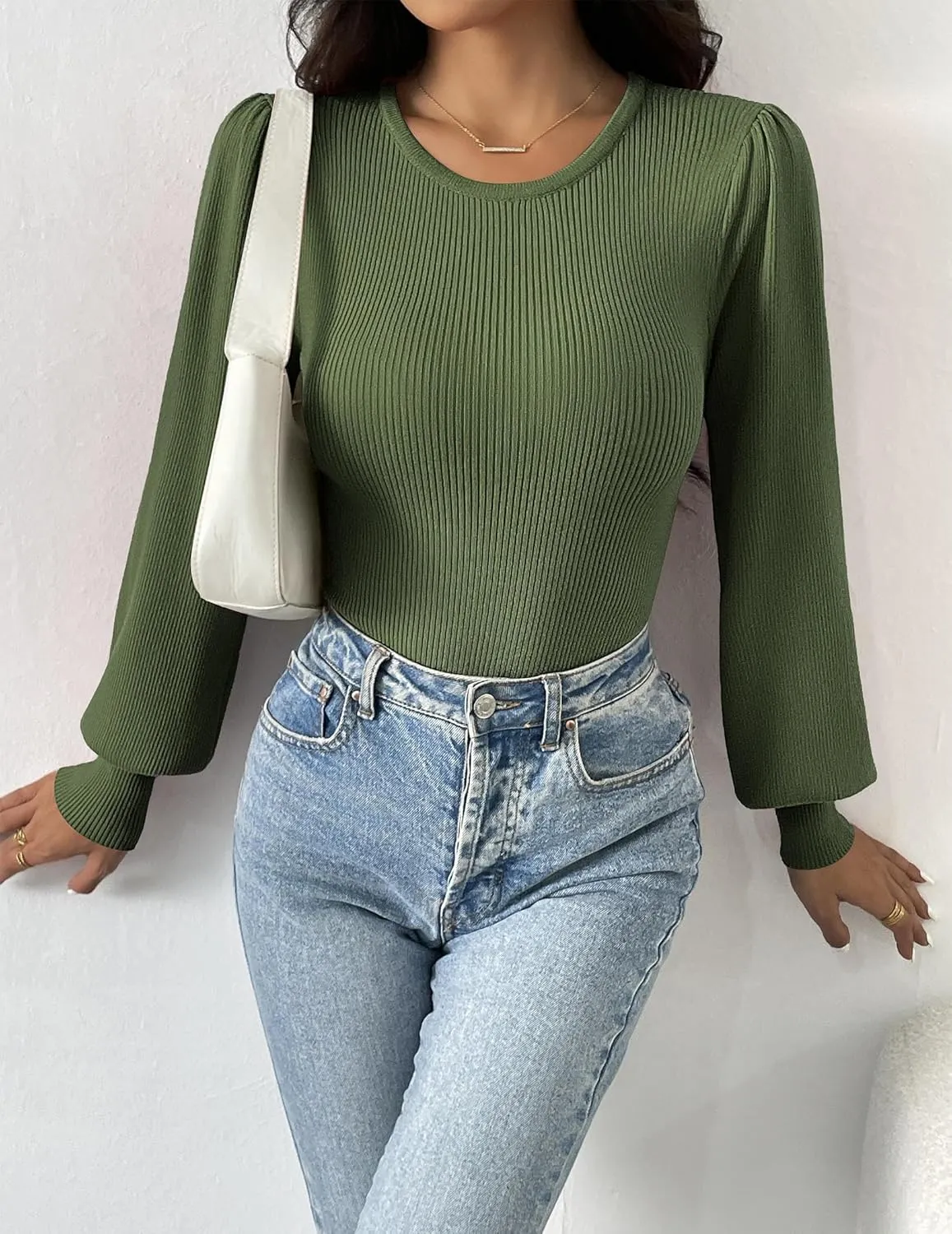 Zeagoo Women Long Puff Sleeve Sweater Slim Fit Ribbed Knit Bodysuit