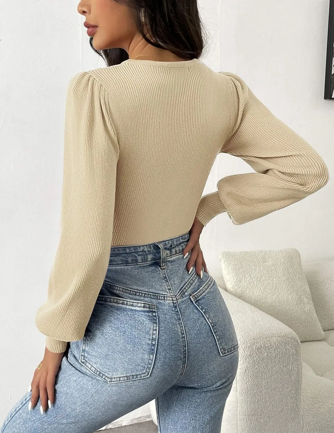 Zeagoo Women Long Puff Sleeve Sweater Slim Fit Ribbed Knit Bodysuit